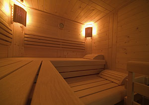 Man sieht eine leere Sauna.