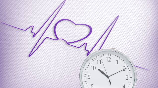 Man sieht eine Herz-Sinuskurve und eine Person, die sich eine Uhr vors Gesicht hält.
