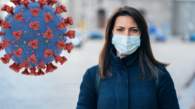 Ein Frau mit Mundschutz und eine Darstellung des Coronavirus.
