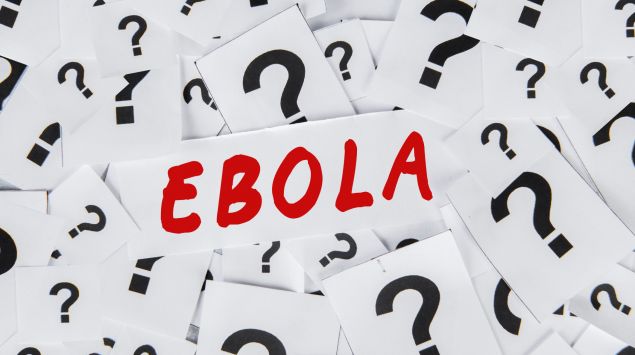 Man sieht den Schriftzug Ebola und einige Fragezeichen.