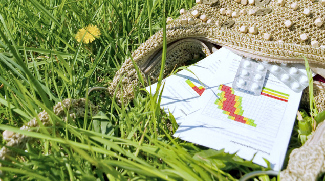 Eine Frau sitzt auf der Wiese und putzt sich die Nase, im Vordergrund liegt eine Handtasche mit Pollenkalender und Tabletten.