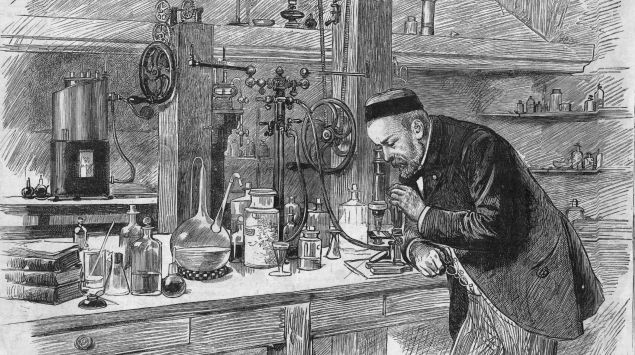 Man sieht eine Zeichnung von Louis Pasteur im Labor.