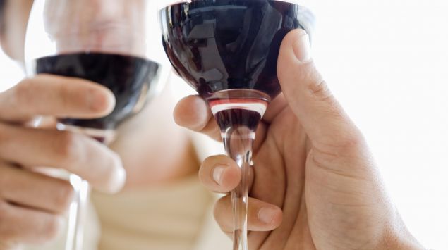 Das Bild zeigt zwei Personen, die jeweils ein Glas mit Rotwein in der Hand halten.