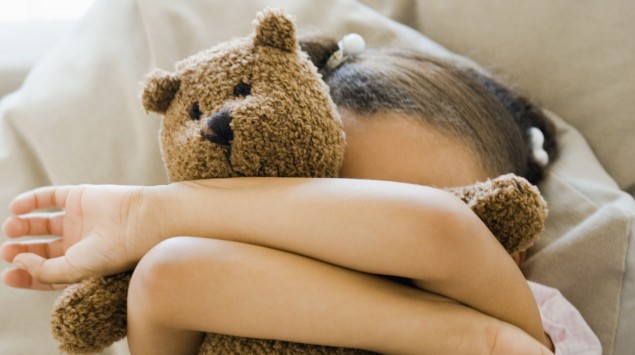 Das Bild zeigt ein Mädchen mit Teddy vor dem Gesicht.