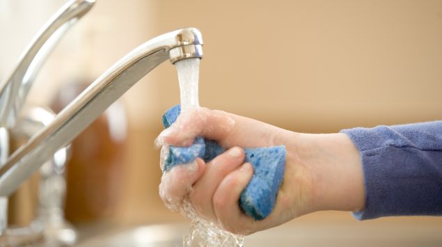 Das Bild zeigt eine Person, die einen Schwamm unter einer Wasserhahn hält.