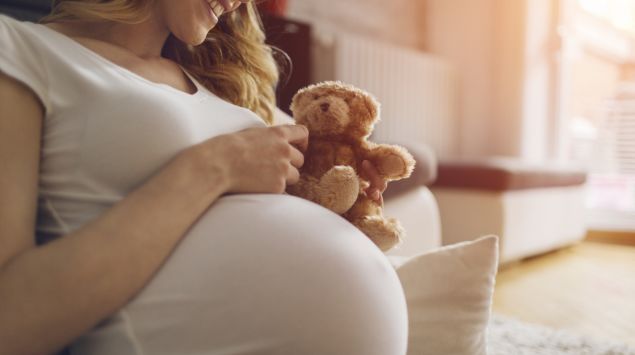 Das Bild zeigt eine Schwangere mit einem Teddy in der Hand.