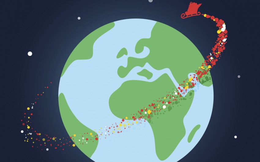 Man sieht den Weihnachtsmann-Schlitten um den Erdball fliegen.