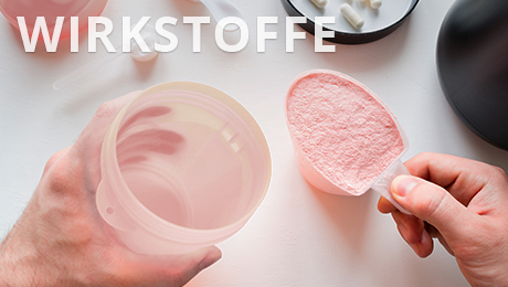 Das Bild mit der Aufschrift Wirkstoffe zeigt einen Messbehälter gefüllt mit einem Pulver.